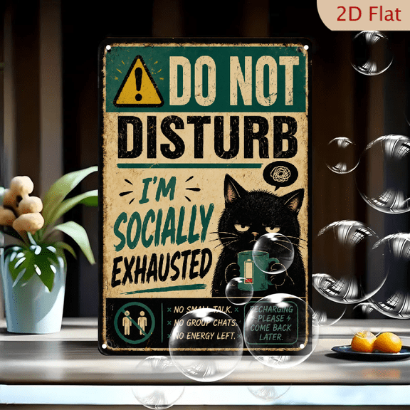 2D Flat, Do Not Disturb Im Socially Exhausted Vintage Metal Tin Sign, Retro Wall Decor for Introverts, Bedroom Dorm Room Plaque with Low Battery Icon, Humorous Anti-Social Gift, 12x8 Inch