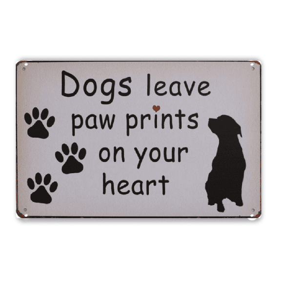 2D Flat Dog Leave Paw Prints on Your Heart Metal Sign Vintage Plaque Wall Decor.suitable for decorating rooms, not easy to rust, bright colors, 8*12in