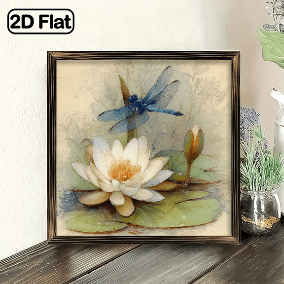 2D Flat, Dragonfly Water Lily d Sign, 8x8 Inch dDecor Plaque, Nature Art Decorative Plaque for Garden Outdoor Patio Yard Porch Fence Door Decor, Perfect Gif