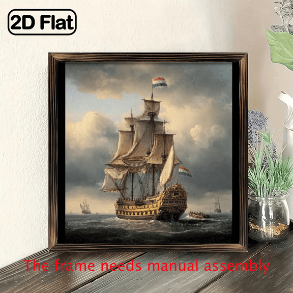 2D Flat, Dutch East India Company Ship Framed Wall Art - Vintage Nautical Maritime Painting on Wrapped Canvas with Classic Wood Frame.wooden framed painting