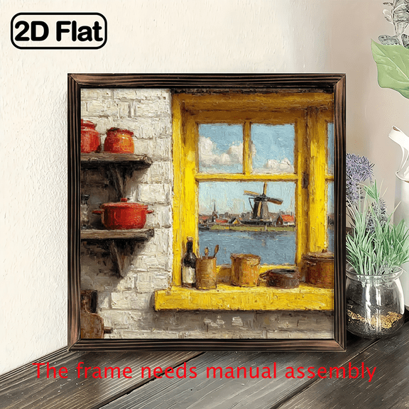 2D Flat Dutch Windmill Dutch House Framed Wall Art - 8x8 Inch White Wood Frame Farmhouse, European Countryside Landscape with Traditional Dutch Architecture, Horizontal Picture for Bedroom