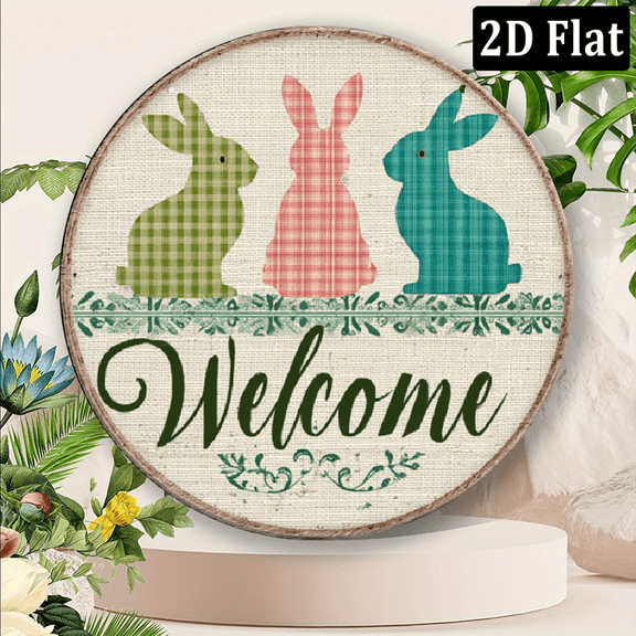 2D Flat, Easter Bunny Wreath Decor Spring Floral Welcome Sign with Rabbits Decorative Signs & Plaques for Easter, Garden, Home, Long-Lasting Spring Tabletop or Wall Decor Easy to Hang with A