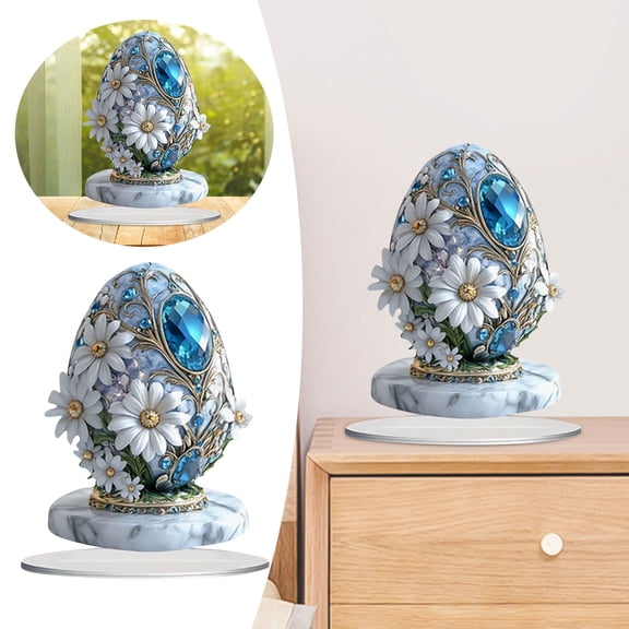 2D Flat Easter Egg Acrylic Desktop Ornament Spring Elegent Jewelry Easter Egg Tabletop Decoration with Daisy amd Marble Base Patterm Party Supply for Dressing Table Living Room Centerpiece