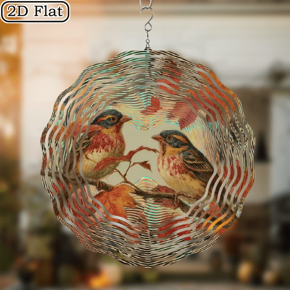 2D Flat, Elegant 2D Sparrow Apple Tree Branch Wind Spinner - Reflective Metal Garden Decor, No Power Required, Durable Iron Construction with Rotating Hook for Outdoor Yard Display, Nature-Inspi