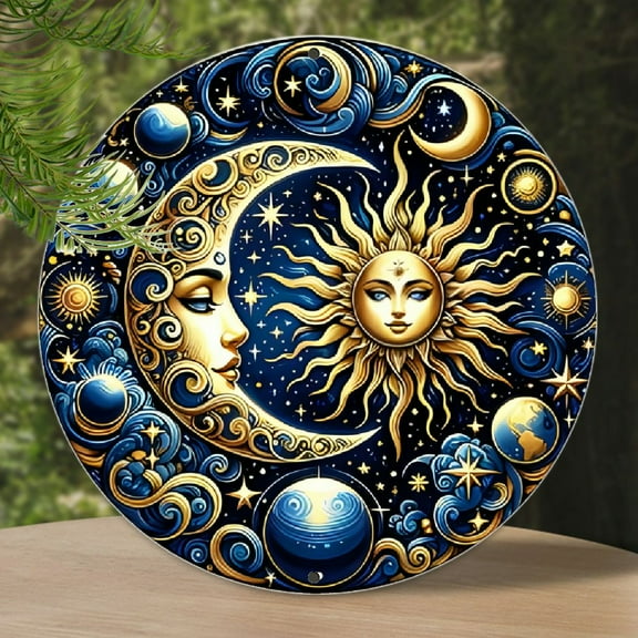 [2D Flat] Elegant Celestial Sun and Moon Vintage Metal Sign - 7.8x7.8 Inch Aluminum Round Wall Art, Perfect for Bars, Cafes, Beach Villas, or Backyards