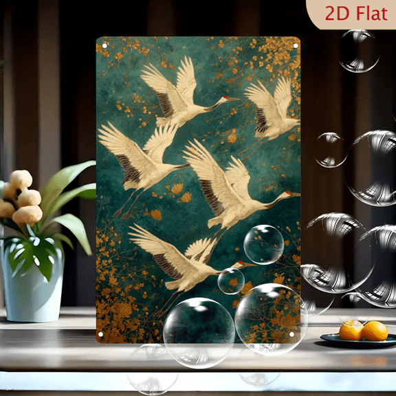 2D Flat, Elegant White Cranes in Flight Wooden Frame Sign - Golden Foil Accents, Teal Background, 12x8inch, Framed Wall Decor for Living Room, Intricate Green and Golden Design, Bird Decor
