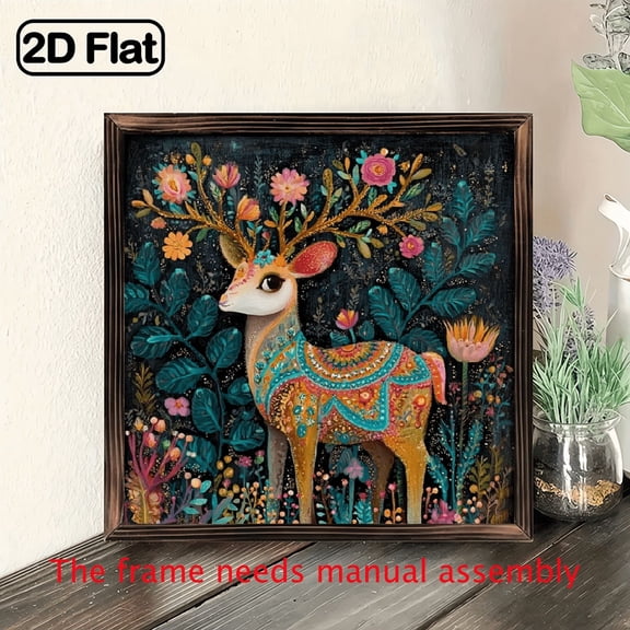 2D Flat, Enchanted Deer Wood Framed Wall Art - Rustic Floral Deer with Golden Antlers, 8x8 Inch, Vibrant Colors, Perfect for Living Room, Bedroom, or Nursery Decor, Holiday Home Accent, Deer Home