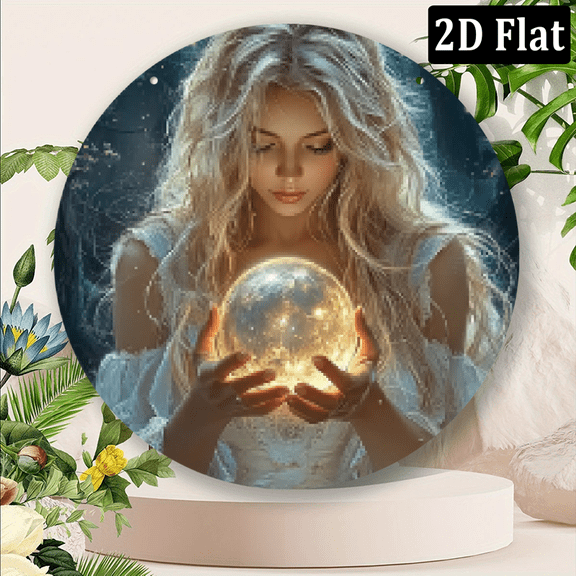 2D Flat Enchanting 8inch Round Crystal Ball Fortune Teller Sign - Mystical Woman with Blonde Hair Celestial Elements, Iron Wall Art for Home, Bar, Cafe, Dorm - Perfect Ethereal Gift Room Decor