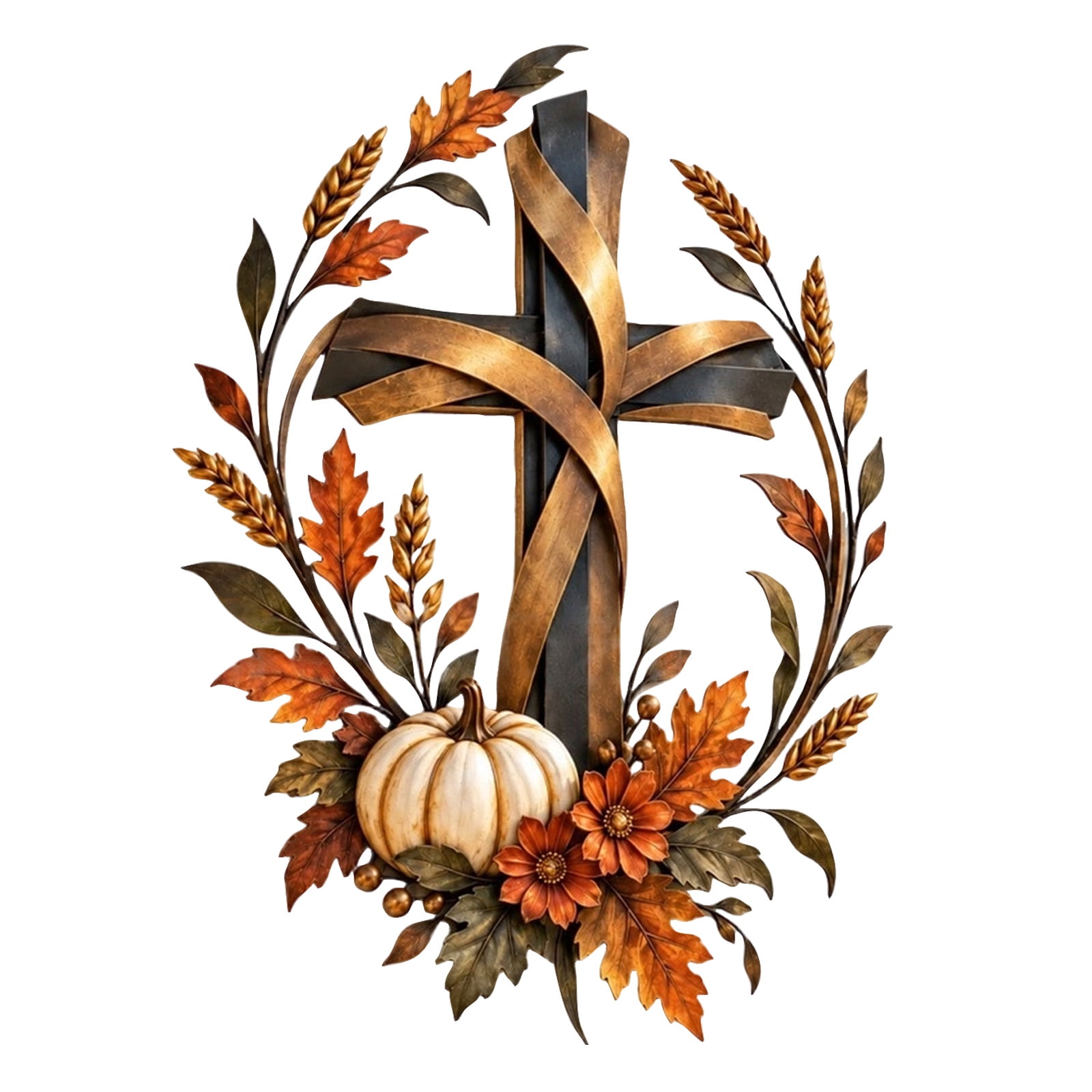 2D Flat Fall Cross Wall Decoration, Autumn White Pumpkin Wheat Stalk ...