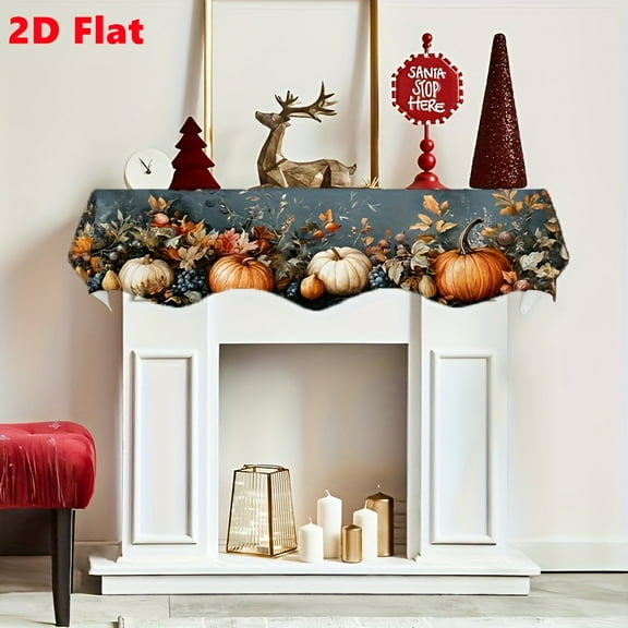 2D Flat Fall Pumpkin Autumn Fruit Fireplace Scarf Mantel Cover - Rectangular Decor with Vibrant Fall Foliage Design for Fireplace Mantel, Dining Table, Thanksgiving Seasonal Table Decor