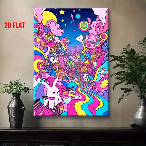 2D Flat Fantasy Cartoon Universe Wall Art - Blue & Yellow Psychedelic Space Painting with Cute Rabbit & Stars, Wrapped Canvas Frame, Vibrant Pink & Purple Swirls,