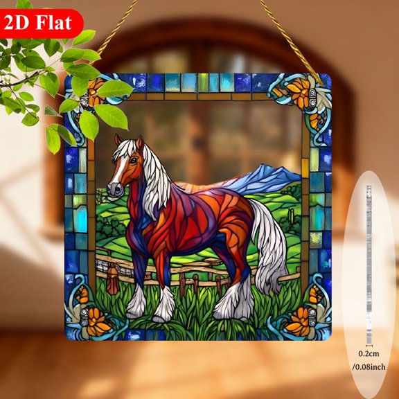 2D Flat, Farm Horse Suncatcher - Cute Cartoon Horse with Red Roof Barn Pasture Scene, Vibrant Acrylic Square Window Hanging Decor for Home Garden, Christmas Birthday Gift, IndoorOutdoor8*8in