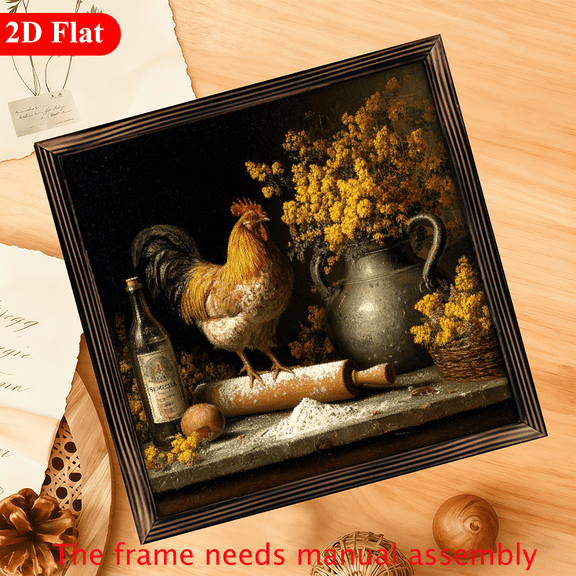 2D Flat Farmhouse Chicken Cornmeal Motif Wood Framed Wall Art - 12x12 Inch Rustic Farmhouse Chicken with Hanging Hooks, Country Decor, Brown Rooster Picture for Bedroom, Laundry Room, Dining Room