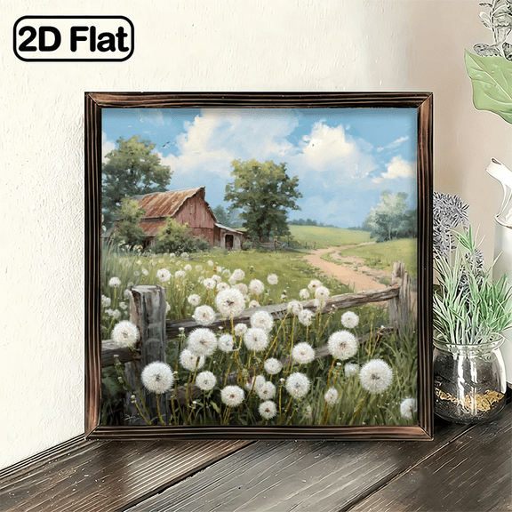 2D Flat, Farmhouse Dandelion Barn Landscape d Sign, 8x8 Inch HeartDecorative Wall Plaque, Rustic Country Art Wall Plaque for Front Door Porch Garden Outdoor Ho