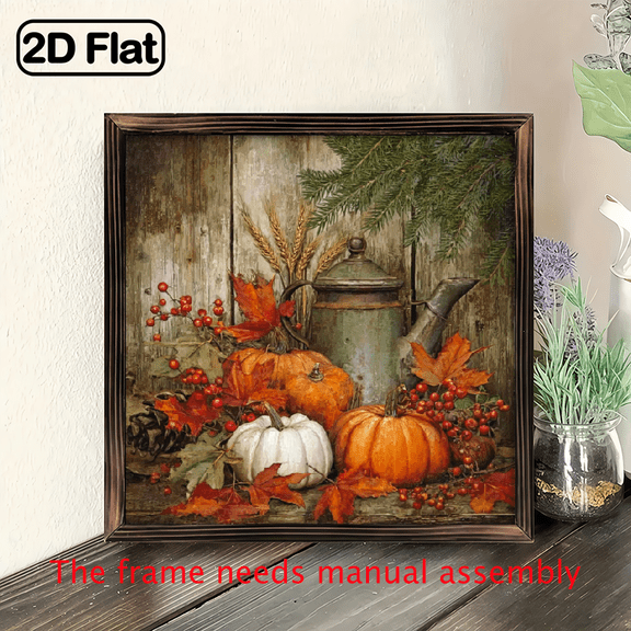 2D Flat, Farmhouse Fall Decor - Pumpkin Harvest Wooden Sign with Vintage Pumpkins, Leaves - Rustic Thanksgiving, Halloween, Christmas Decoration - 8x8 Inch Framed Wall Art for Home, Porch, Office