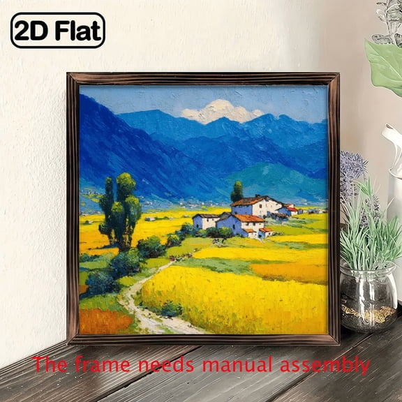 2D Flat, Farmhouse Golden Wheat Fields Wildflowers Framed Wall Art - 8x8 Inch Rustic Oil Painting on Wood, Golden Wheat Landscape with White House Blue Sky, Easy-Hang Horizontal Country