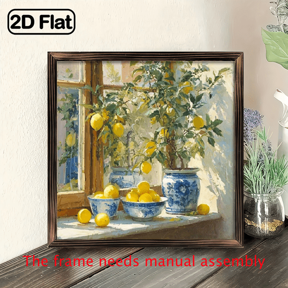 2D Flat, Farmhouse Lemon Tree Wall Art - Rustic Wooden Framed still life Painting with Lemons in Blue-and-White Vases, Vintage Window Scene - Housewarming, Birthday, Christmas Gift 8*8in