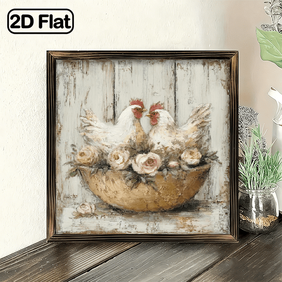 2D Flat, Farmhouse Rustic Chicken Couple Heart Wall Decor Sign, 8x8 Inch d Decor Plaque, Vintage Shabby Chic Hen Rooster Art for Kitchen Living Room, Unique Gift for Co