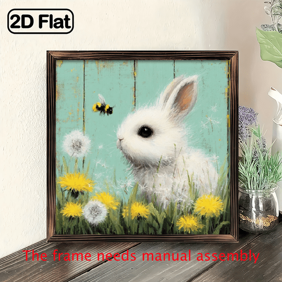 2D Flat - Farmhouse Style Easter Bunny Wooden Hanging Art White Background with Dandelion and Bee Design, Perfect for Spring Home Decor, 80x80 inch Framed Artwork, Ideal Easter Gift for Bedroom,