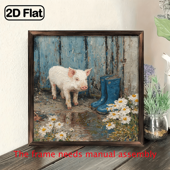 2D Flat, Farmhouse Wood Wall Art - 8x8 Inch Rustic Pig Floral Painting, Wooden Frame, IndoorOutdoor Decor for Bedroom, Living Room, Kitchen, Laundry - Fall Winter Seasonal Home Decor