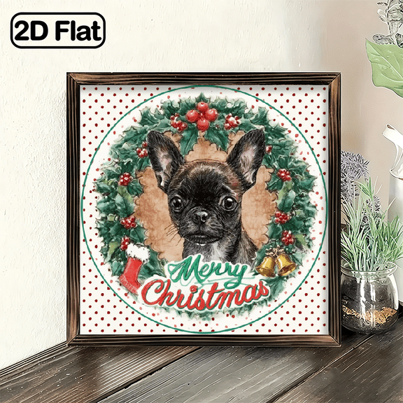 2D Flat, Farmhouse Wooden Pallet Sign Christmas Garland Wreath Dog Round Welcome Sign Antique Wood Wall Hanging Sign Door Hanger Sign for Front Door Patio Old Fashioned Christmas Wall Decor 8 Inc