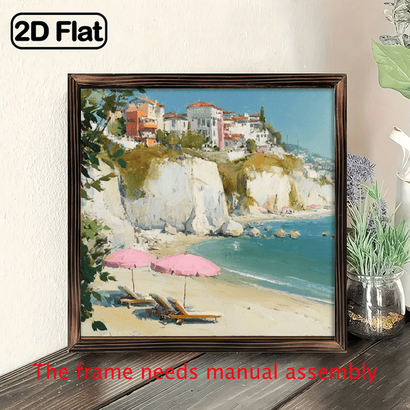 2D Flat, Featuring a Classic Coastal California Beach House Scene, This Wooden Frame Sign Is Perfect for Summer-Themed Wall Art And Decor in Beach House Living Rooms, Bedrooms, Or Offices Measures