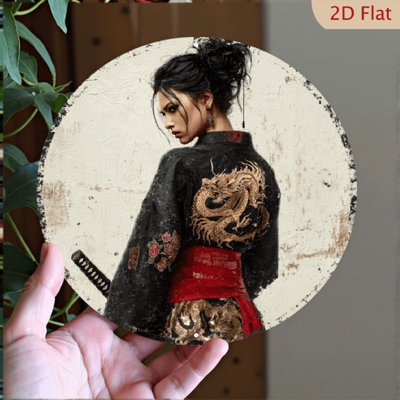 2D Flat, Female Samurai Warrior Aluminum Sign - Classic Style Print Round Decorative Plaque - 8x8 Inches, Wall Hanging, No Electricity Needed, Multipurpose for Home, Office, Party Decoration