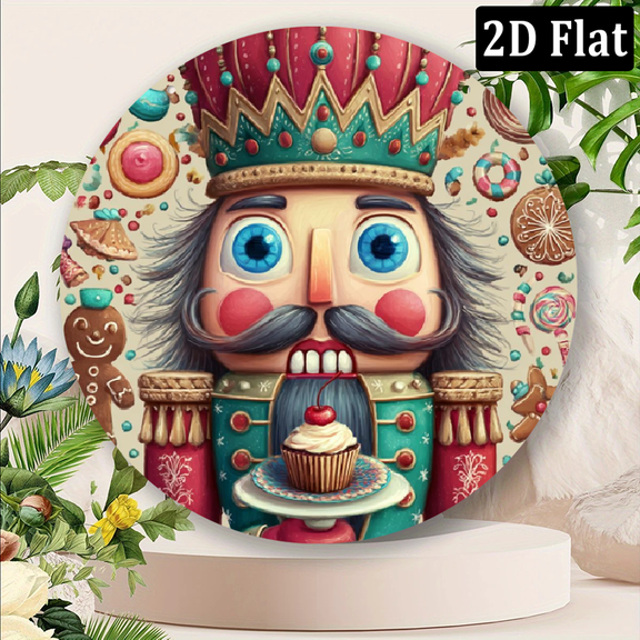 2D Flat, Festive 8X8 Inch Round Metal Sign Christmas Nutcracker, Metal Art Collection, High-Resolution 2D Flat Print, Waterproof, Pre-Drilled Hole for Door Hanging - High-Quality Decorative Sign