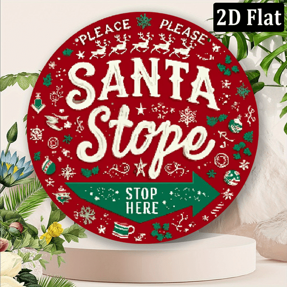 2D Flat, Festive Santa Stop Sign 8x8 Inch Round Metal Decoration with 2D Print, Waterproof, and Pre-Drilled Hole for Easy Hanging - Perfect for Home, Kitchen, Garden, Office, Garage, Bedroom