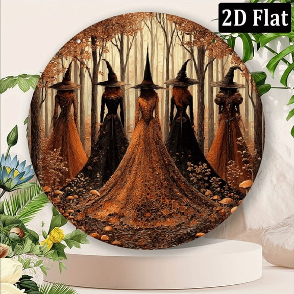 2D Flat, Five Witches Metal Sign - 8 Inch Round Halloween Wall Art - Mystical Autumn Forest Scene in Warm Fall Colors - Durable Aluminum Decor for Wiccan Homes, Witchy Bars & Spooky Season