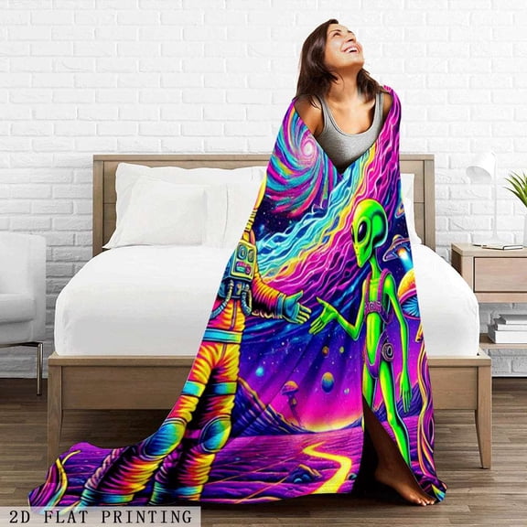 2D Flat Flannel Throw Blanket Astronaut and Alien Galaxy Scene Soft Plush Blanket for Sofa Bed Bedroom Game Room All Season Universal Bedding Ideal Gift for Boys Girls, 2D Flat