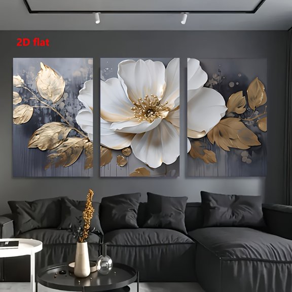 2D Flat Flat 2D Design, Three Pieces of Golden Leaf with White Floral Patterns for Wall Decoration, Contemporary Home Decor, Perfect for Living Spaces, Bedrooms,