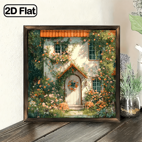 2D Flat Floral Cottage House Wall Art, 8x8 Inch Framed Wood Print, Vintage Countryside Decor for Home Room