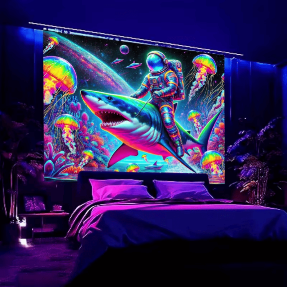 2D Flat Fluorescent Tapestry Neon Celestial Astronaut Design Wall Hanging for Bedroom Living Room Office Festive Door Flag Decor