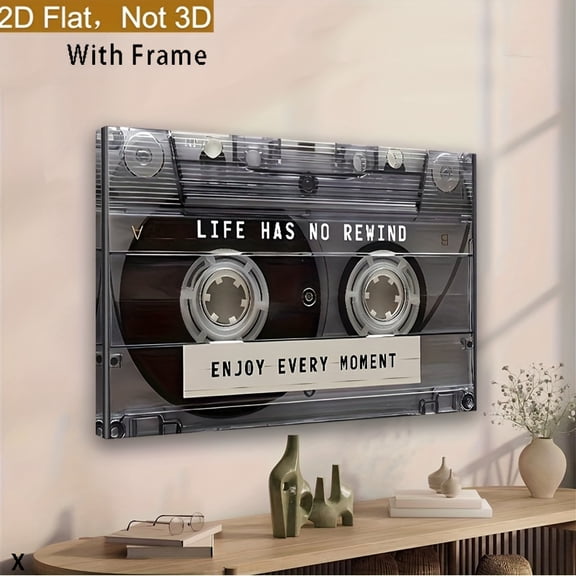 2D Flat Framed, 1pc Vintage Tape Framed Poster Vintage Life Happens Once Quote Wall Decor Black Modern Minimalist Home Office, Living Room Bedroom Decor Music Lover Nostalgic Gift,