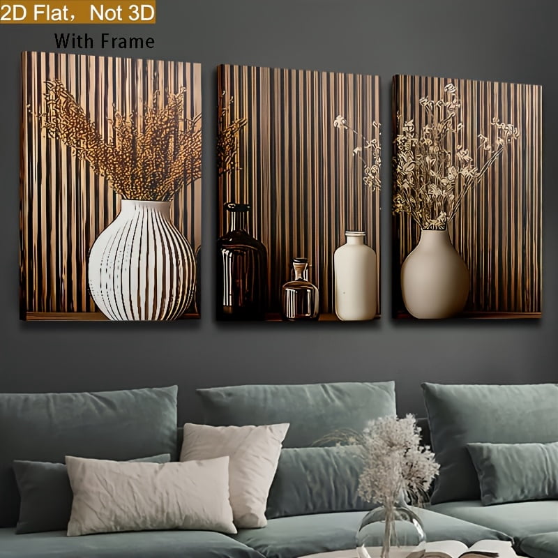 2D Flat Framed 2D Planes, Three 2D Planes Printed in a Modern Wooden Style Featuring Easy Potted Plant Landscapes, Framed Canvas Paintings And Posters, Ready to Hang, Home Decor