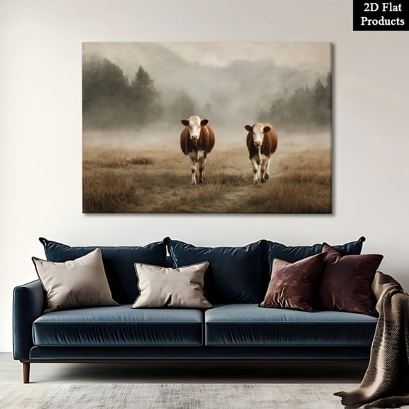 2D Flat Framed Canvas Painting Poster | Rural Life Cows In Meadow | Perfect for Wall Decor Art, Room Decoration, Living Room Decor, Winter Spring Home Decor, Bathroom Decor, Valentine'S Day