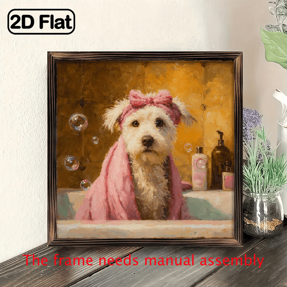 2D Flat Framed Farmhouse Wall Art - Cute West Highland White Terrier (Westie) Dog in Pink Bow Scottish Fold-like Ears, 8x8 Inch Wood Frame Wood for Bedroom, - Rustic Pet-Themed Decor