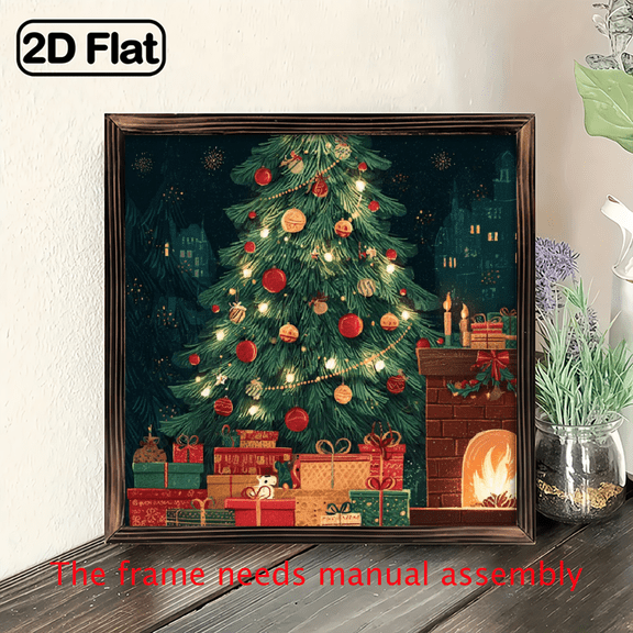 2D Flat, Framed Gingerbread House Christmas Wall Art with Golden Frame - Easy-to-Hang Wrapped Holiday Decoration, Snowy Winter Scene, Tree Fireplace Design for Living Room, Festive Xmas Gift, Hous