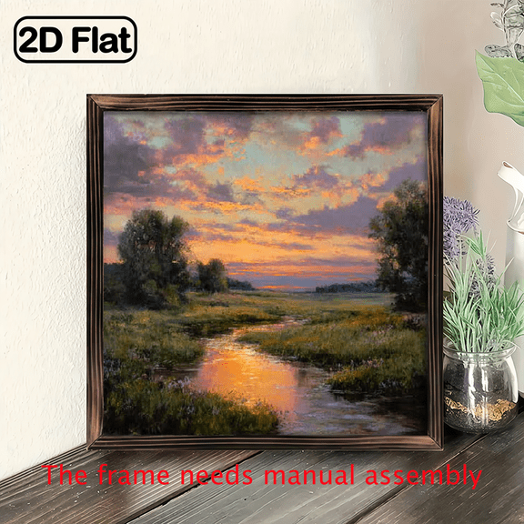 2D Flat, Framed Sunset River Landscape Oil Painting Wall Art - 8x8 Inch Golden Meadow Trees Stream with Black Frame, Artificial Wood Horizontal Nature Scene for Living Room, Bathroom - Golden Sky