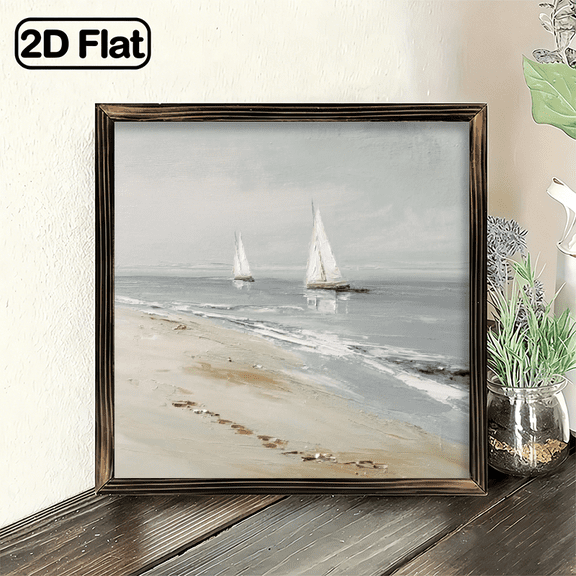2D Flat, Framed Wooden Wall Art - a Serene Beach Scene with Sailboats, 8X8 Inch Tabletop Decor for Living Room, Bedroom, Or Entryway - The Perfect Housewarming Or Graduation Gift