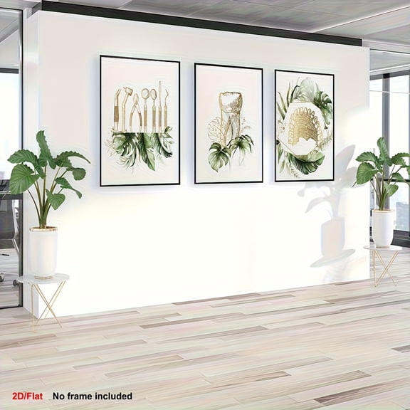2D Flat, Frameless Decorative Painting 3pcs Set for Living Room, High-Definition Canvas Art Print, Dental Clinic Bohemian Style Dental Art Trio, Anatomical Wall Hanging Poster, Golf Poster, Dental W