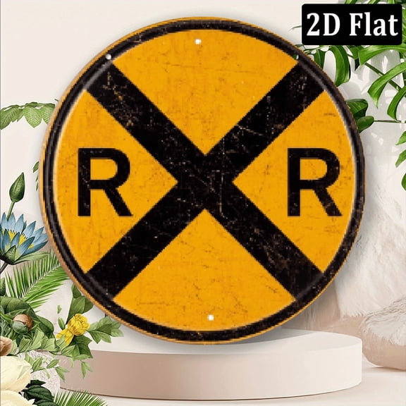 2D Flat, Framendino, 8 Inch Railroad Crossing Sign Metal Traffic Wall Decor Rail Road Round Symbol 8*8in