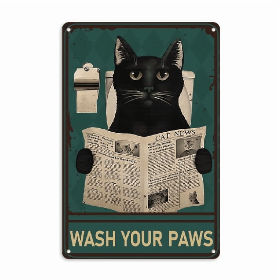 2D Flat Funny Black Cat Metal Tin Signs Vintage Metal Tin Signs Wash Your Paws Cat Read Newspaper Signs Poster Retro Bathroom Sign Wall Decor Art for Home Bedroom Kitchen Cafe Gifts 8*12in.