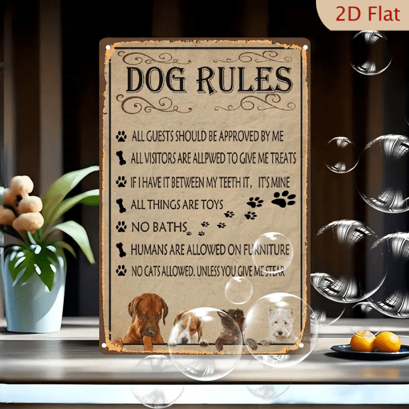 2D Flat Funny Dog Rules Metal Tin Sign for pet owners, dog and cat enthusiasts, garage stores, bars, garage fun wall decorations 12x8 inches