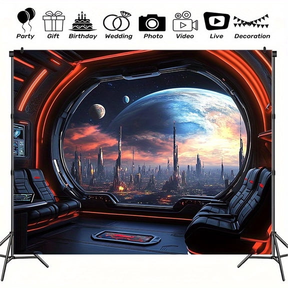 2D Flat Futuristic Spaceship Cityscape Polyester Backdrop Banner, Multipurpose Photo Background for Indoor Outdoor Holiday Party, Home Wall Decoration and Studio Shooting Props 82.6x59 Inch