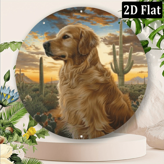 2D Flat Golden Retriever Desert Sunset Round Metal Wall Art, Waterproof Aluminum Dog Portrait Sign, Pre-Drilled Outdoor Decor with HD Printing, Weather-Resistant Door Hanger Wreath, 8-Inch
