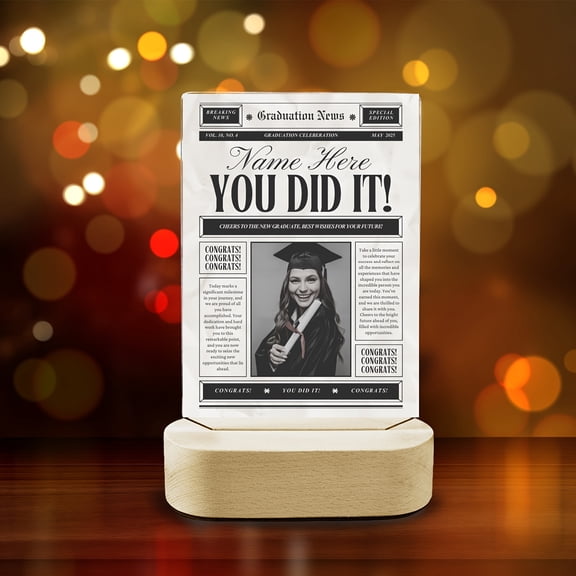 [2D Flat] Graduation Gifts Acrylic Award Plaques Personalized With Your Text Name And Photo Plaque With Wooden Stand Graduation Keepsakes Customized For College High School PHD Masters Degree