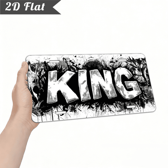 2D Flat, Graffiti style KING for license plate number frame and decoration, suitable for front decoration, unisex aluminum license plate number frame, size 12 inches X 6 inches, unique ideal gift