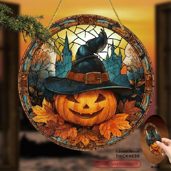 2D Flat Halloween Acrylic Round Hanging Sign With Autumn Pumpkin Witch Hat Suncatcher - Art Deco Style, Multifunctional Wall Decor, Plant Theme, English Language For Home, Bar